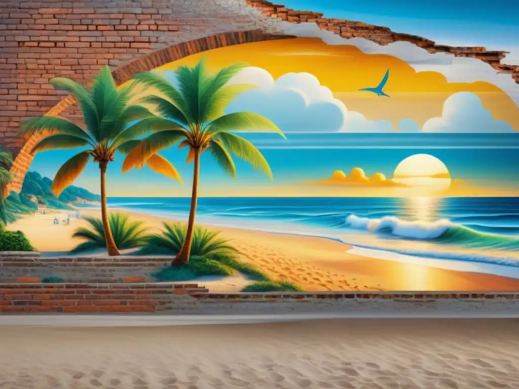 Mural costero: detalle vibrante en pared de ladrillo Un mural costero detallado y vibrante en ladrillo envejecido