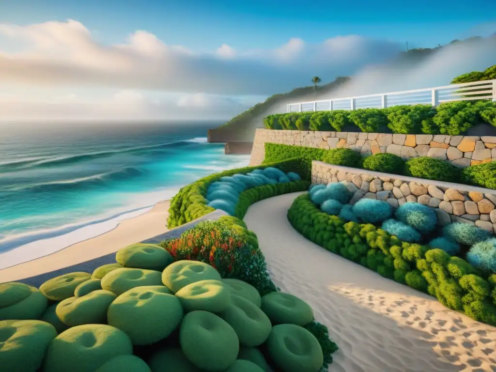 Muralla de contención: integración perfecta en paisaje costero Un muro de contención de piedra se integra armónicamente en la hermosa costa, mostrando soluciones innovadoras en paisajismo costero