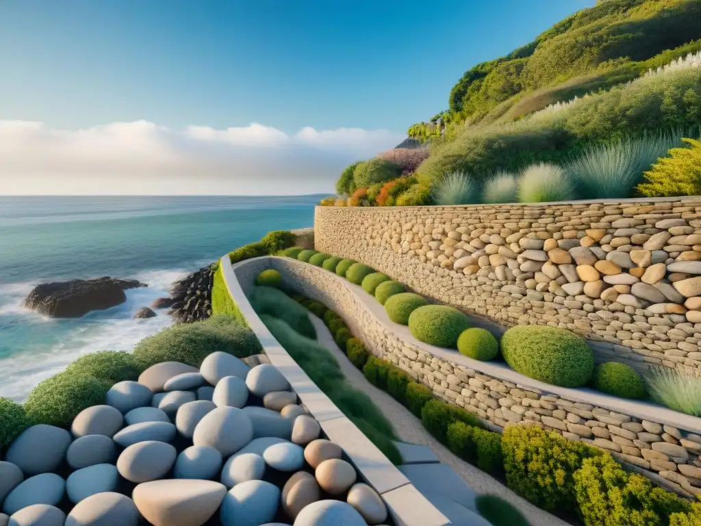 Diseños de muros de contención costeros: piedra, gaviones y terrazas Muros de contención en paisajismo costero: integración harmoniosa de diferentes diseños en entorno natural y playa serena