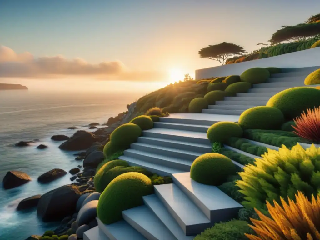 Muros de contención modernos en paisaje costero Muros de contención en paisajismo costero: Modernos muros de concreto integrados en un paisaje costero, bañados por la cálida luz del atardecer