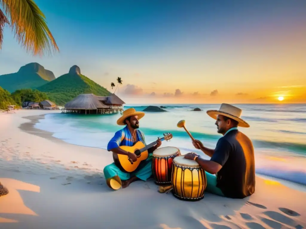 Concierto de músicos locales en playa al atardecer Músicos costeros tocando instrumentos tradicionales en la playa al atardecer