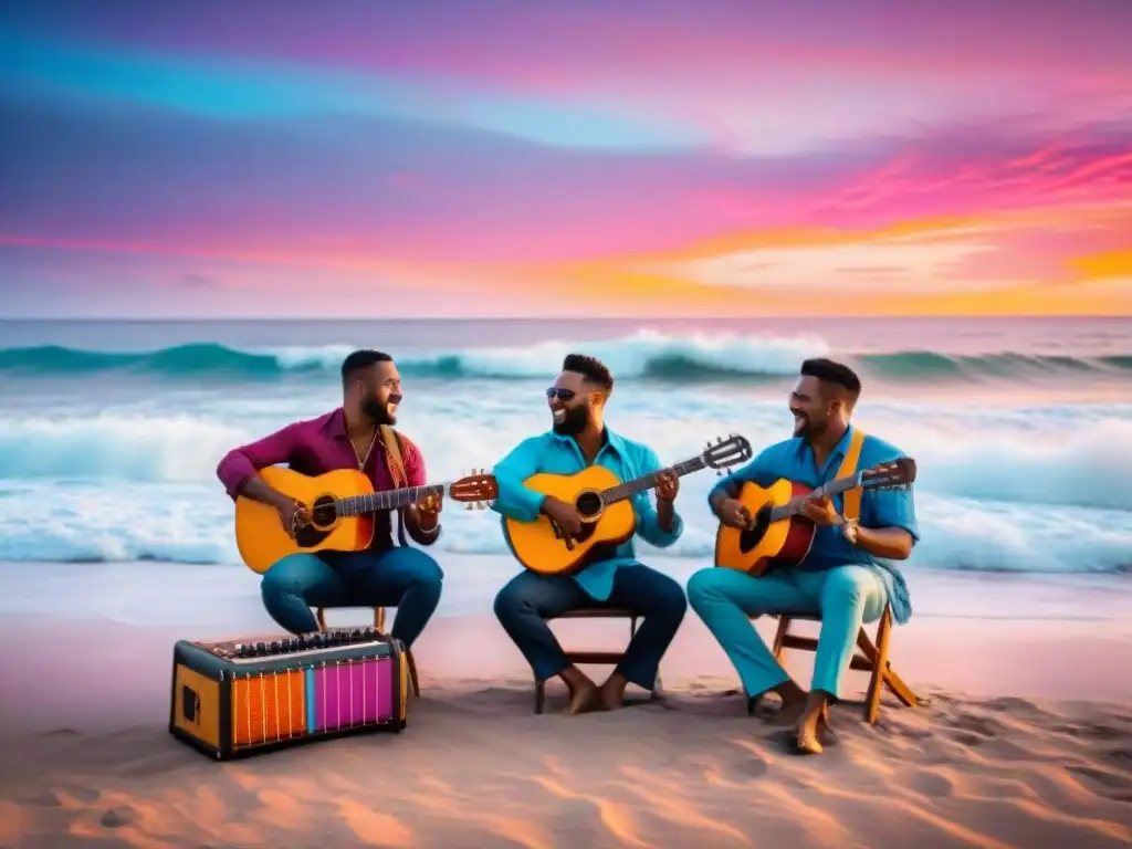 Concierto de músicos costeros al atardecer Músicos tocando música costera en playa al atardecer, transmitiendo la riqueza cultural de los 'Origen géneros musicales costeros'