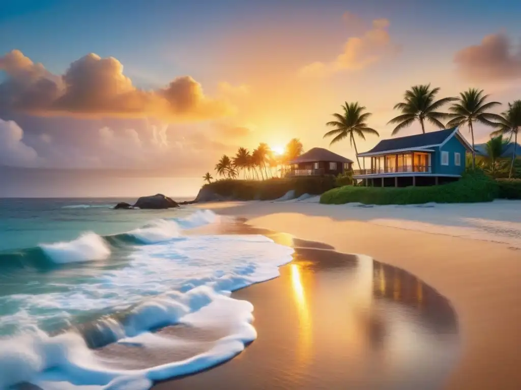 Atardecer de lujo en playa: hogar frente al mar Una narrativa visual de propiedades frente al mar: atardecer pintoresco en playa tranquila con palmeras y lujosa casa en la costa