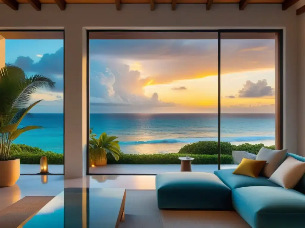Resplandor dorado en villa de lujo frente al mar Narrativa visual propiedades frente mar: Villa de lujo bañada por la cálida luz dorada al atardecer en la costa tranquila