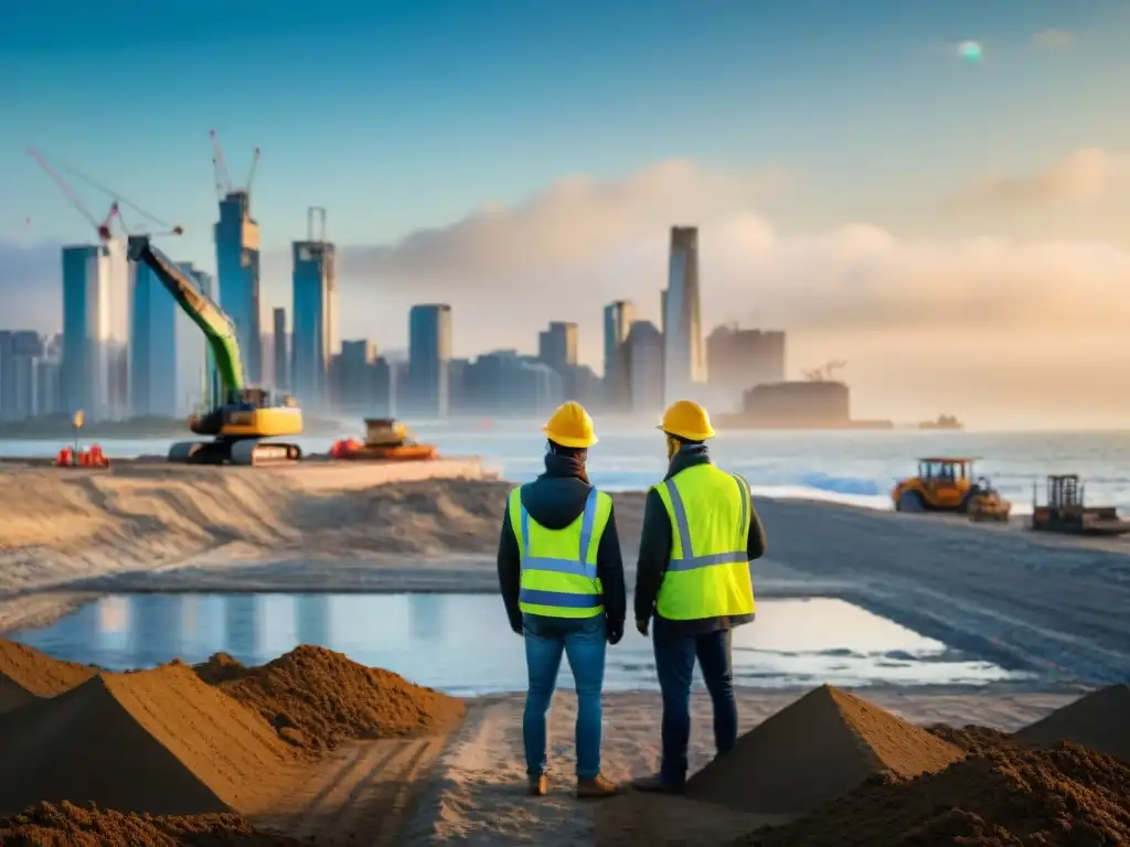 Amanecer en la costa: naturaleza, construcción y ciudad Intersección de naturaleza y construcción en la costa al amanecer, reflejando la aprobación de préstamos para proyectos costeros
