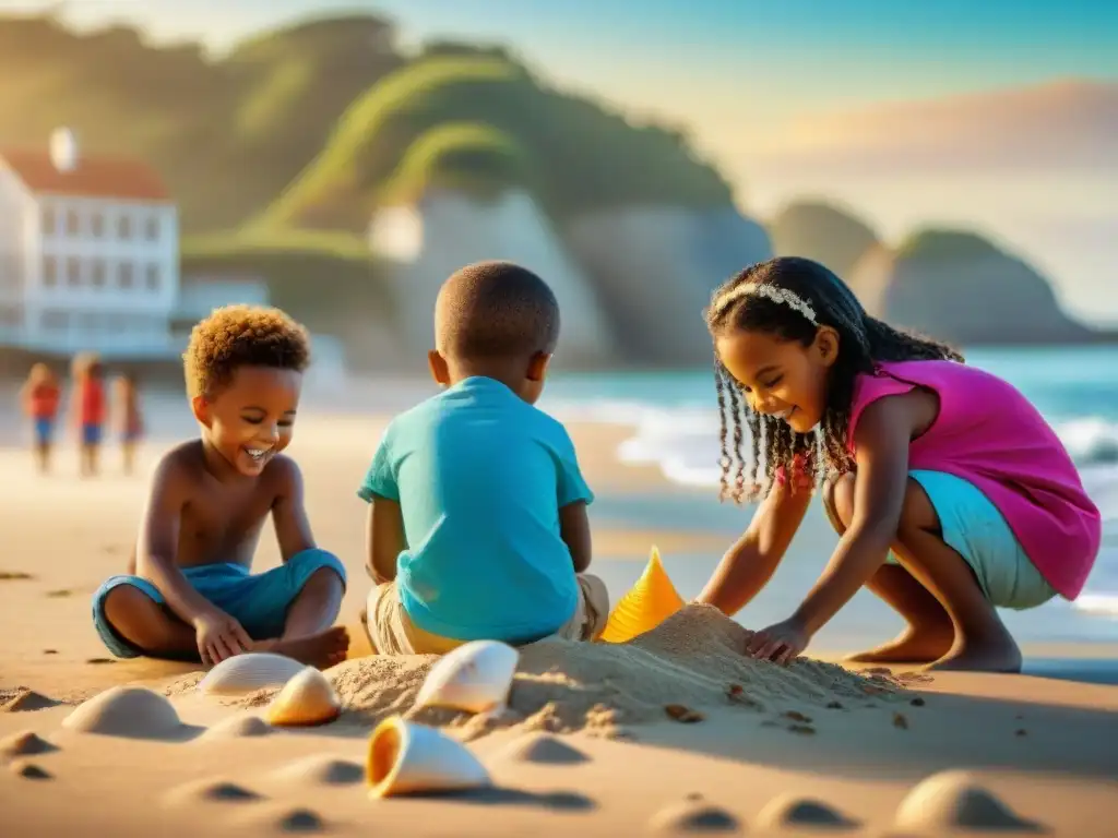 Infancia feliz en la playa al atardecer Niños felices jugando en la arena junto al mar al atardecer