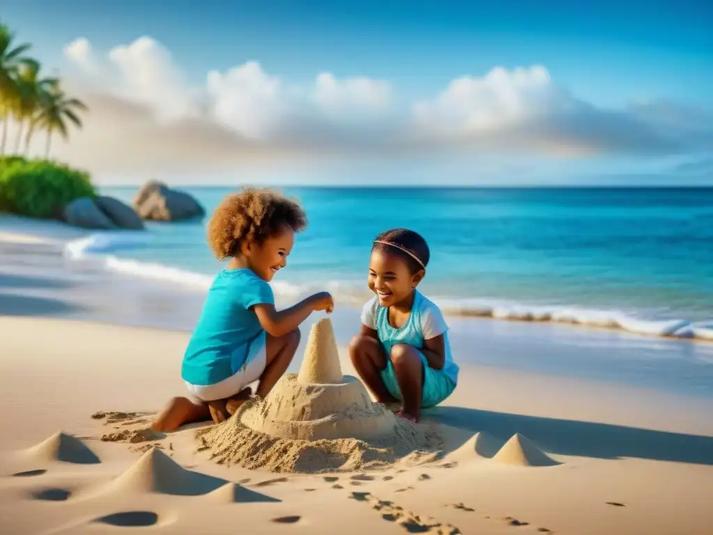 Niños felices jugando en la playa: diversión costera Niños felices construyendo castillos de arena en la playa