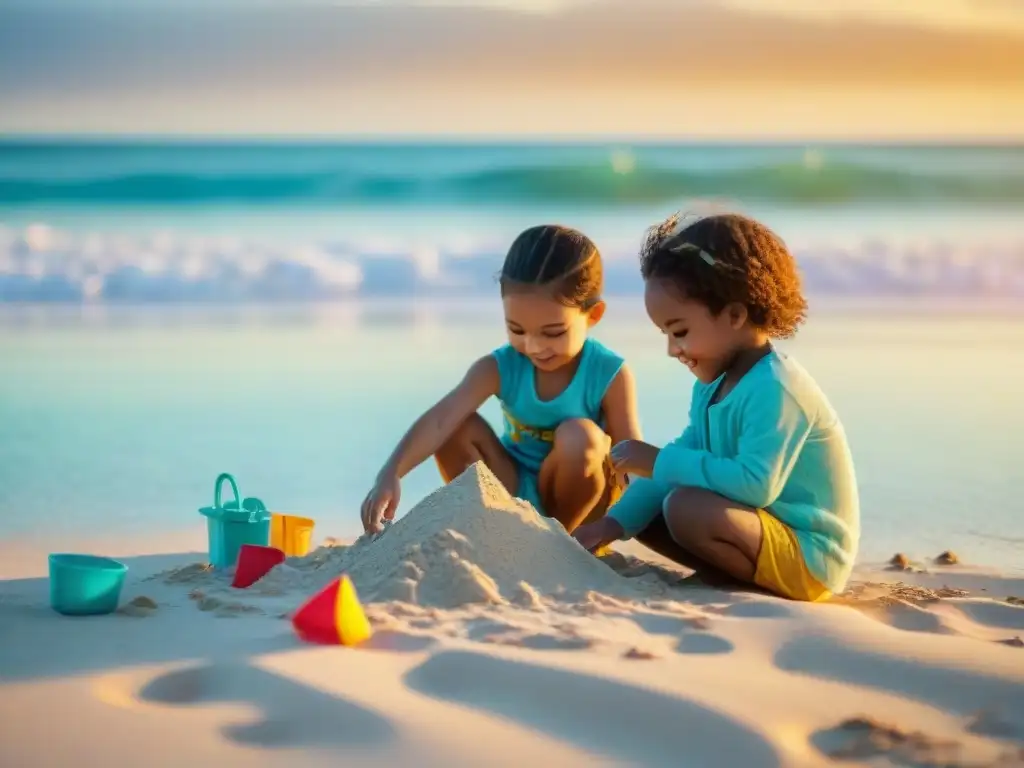 Niños felices construyendo castillos de arena en la playa al atardecer Niños felices construyen castillos de arena en una playa paradisíaca al atardecer