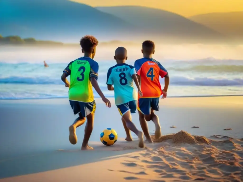 Partido de fútbol playero al atardecer: alegría y trabajo en equipo Niños felices juegan fútbol en la playa al atardecer, transmitiendo alegría y trabajo en equipo