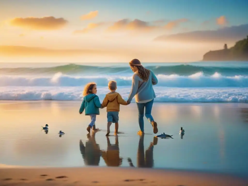 Niños felices jugando en la playa al atardecer con delfines y gaviotas Niños juegan felices en la playa al atardecer, con olas suaves y un cielo colorido