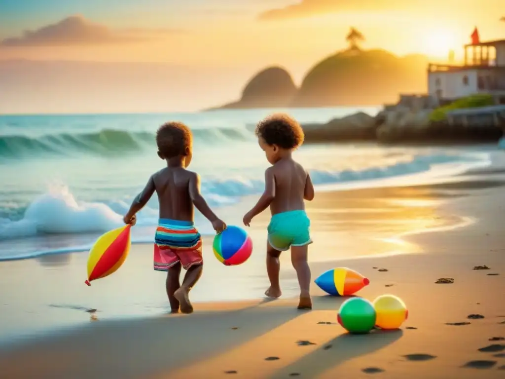 Niños felices jugando en la playa al atardecer Niños jugando alegremente en la playa al atardecer, rodeados de juguetes coloridos