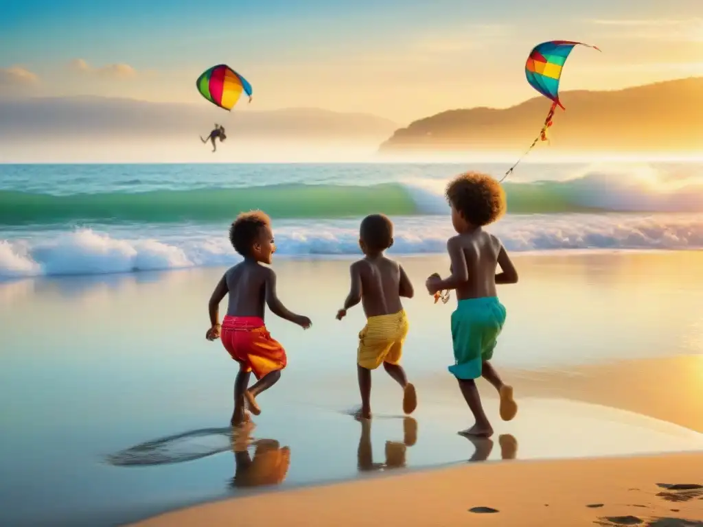 Juegos playeros al atardecer: niños felices en la costa Niños jugando en la playa al atardecer, rodeados de cometas coloridas y botes de pesca