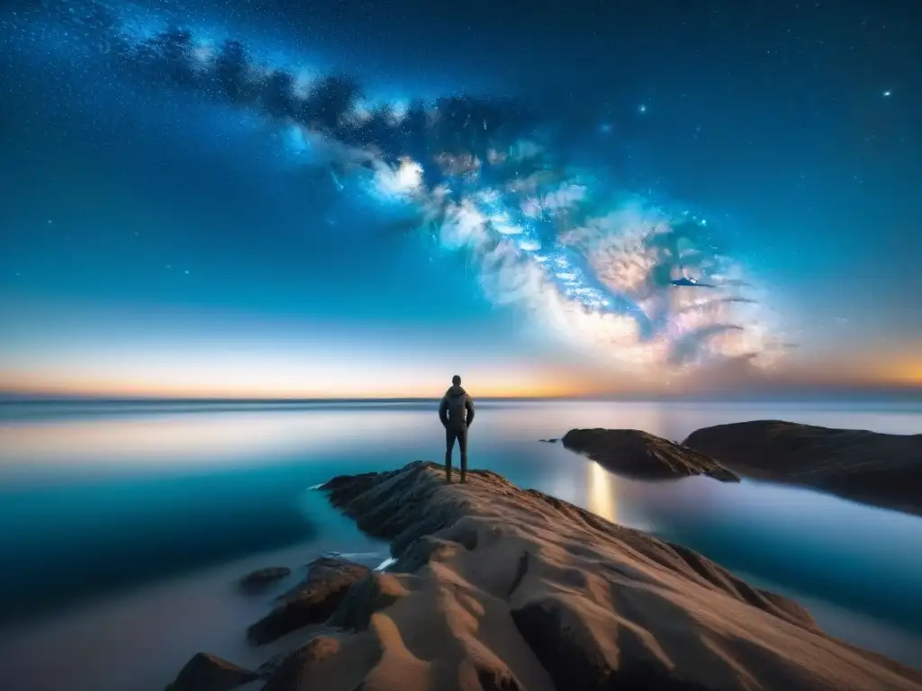 Espectacular noche estrellada sobre el mar: magia celestial reflejada Una noche estrellada sobre el mar, donde la Vía Láctea brilla con intensidad