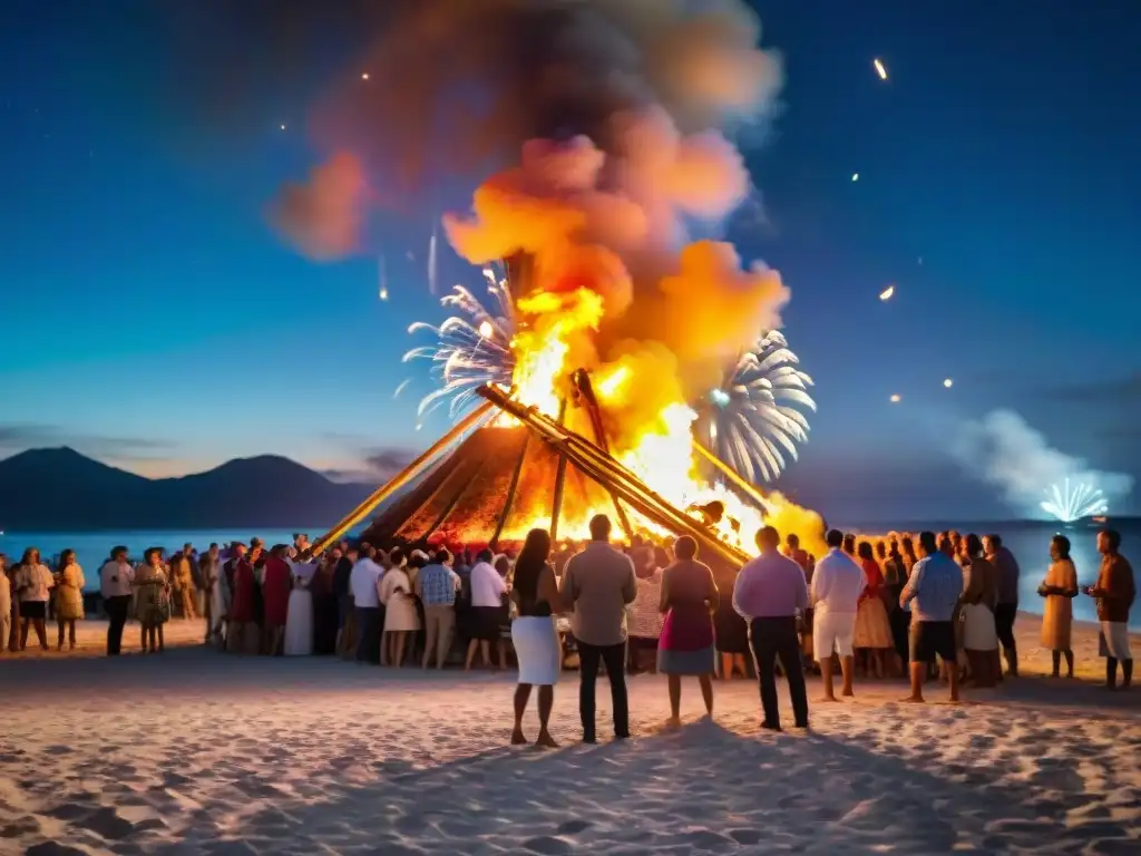 Fiesta de San Juan: Noche mágica en la playa Noche mágica en la playa: Fiesta de San Juan tradiciones con fogata, baile, música y fuegos artificiales iluminando el cielo oscuro