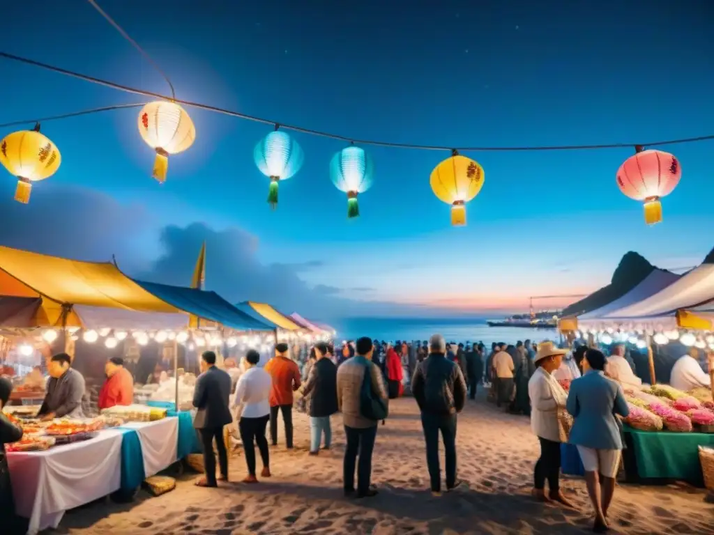 Mercado nocturno costero: sabores y culturas bajo las estrellas Noche vibrante en el mercado costero con vida culinaria nocturna en la costa