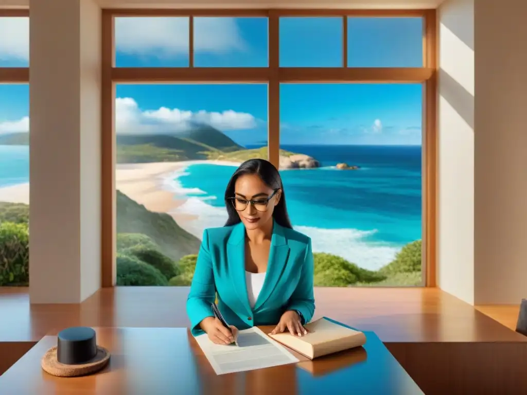 Notaria sellando Escritura de CompraVenta frente al paraíso costero Una notaria estampa un documento en una oficina con vista al mar
