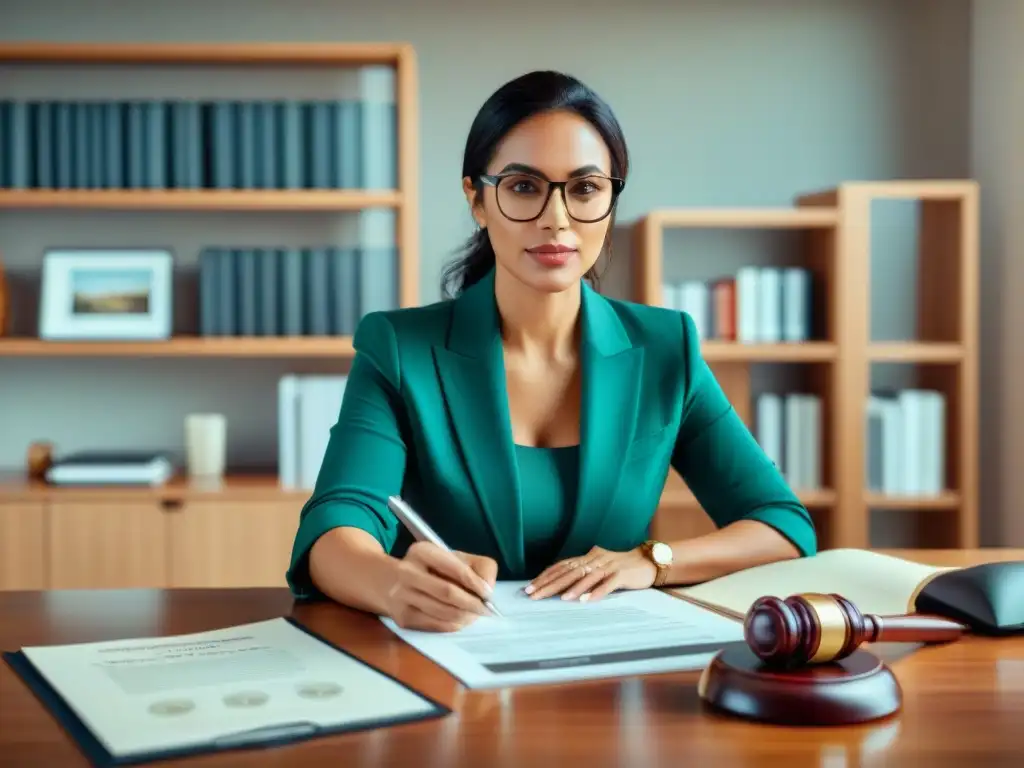 Notaria firmando contratos de compra de propiedades costeras Una notaria pública firmando documentos legales relacionados con compras de propiedades costeras, rodeada de libros y documentos legales