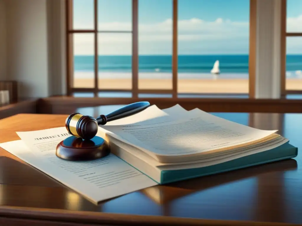 Notario público revisando documentos legales en propiedad costera Un notario examina documentos legales de compra de casa frente al mar
