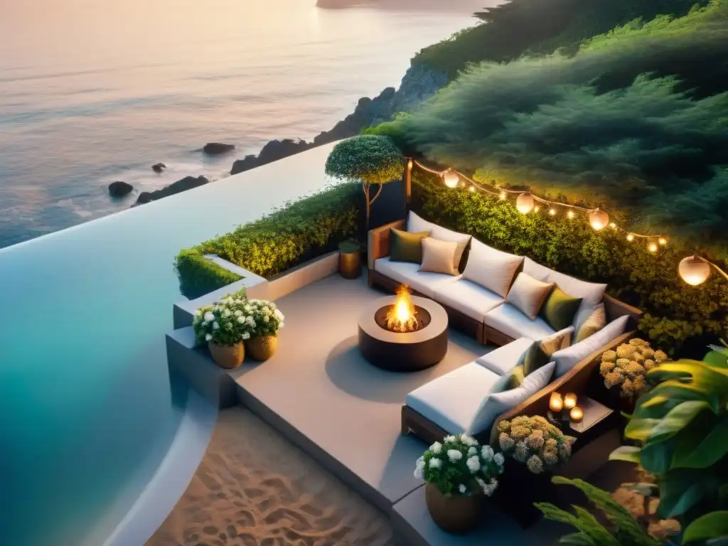 Atardecer mágico en terraza costera: confort y naturaleza Un oasis costero al atardecer con ideas innovadoras para terrazas zonas costeras