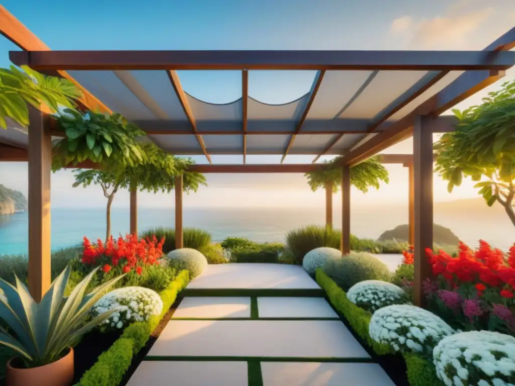 Jardín costero: Oasis de tranquilidad y diseño Un oasis costero de ensueño con pérgolas y sombrillas, ¡ideas para transformar tu jardín en un refugio costero!