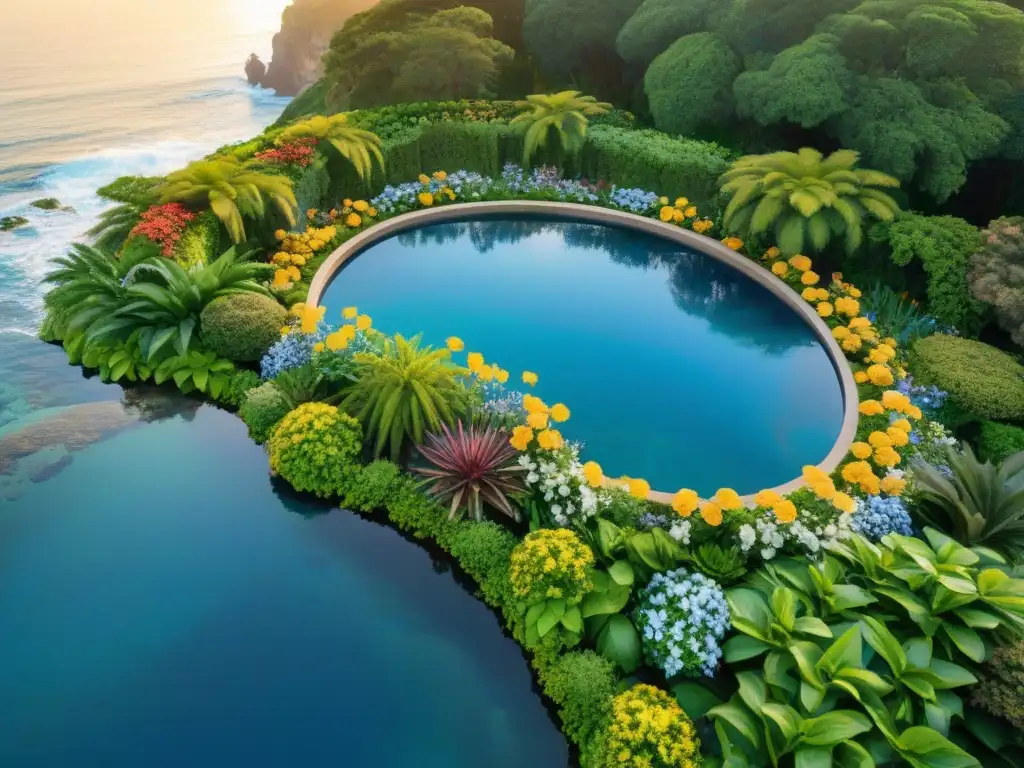 Jardín costero de ensueño: oasis de serenidad y belleza Un oasis costero inspirador con jardín exuberante y agua, ideal para transformar ideas de paisajismo