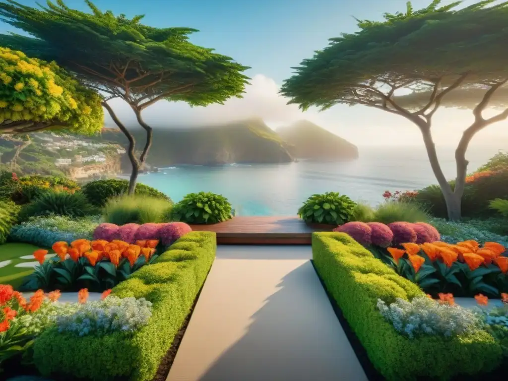 Jardín costero de ensueño: oasis de verdor y color junto al mar Un oasis costero lleno de exuberante vegetación, flores coloridas y áreas de descanso, con estructuras para proteger del sol