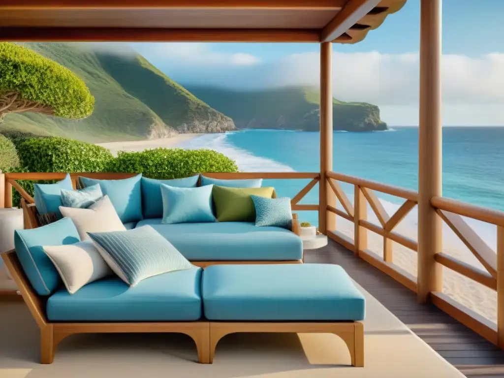 Terraza de lujo junto al mar: textiles elegantes y resistentes para un estilo costero sofisticado Un oasis costero de lujo con textiles elegantes, ideal para clima costero