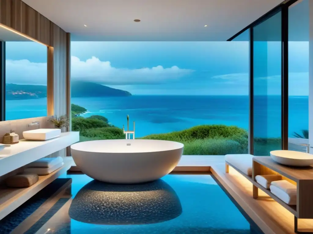 Diseño de baño de lujo inspirado en el mar: relajación costera Un oasis costero: baño lujoso con bañera y vista al mar, detalles naturales y esquema de colores marinos