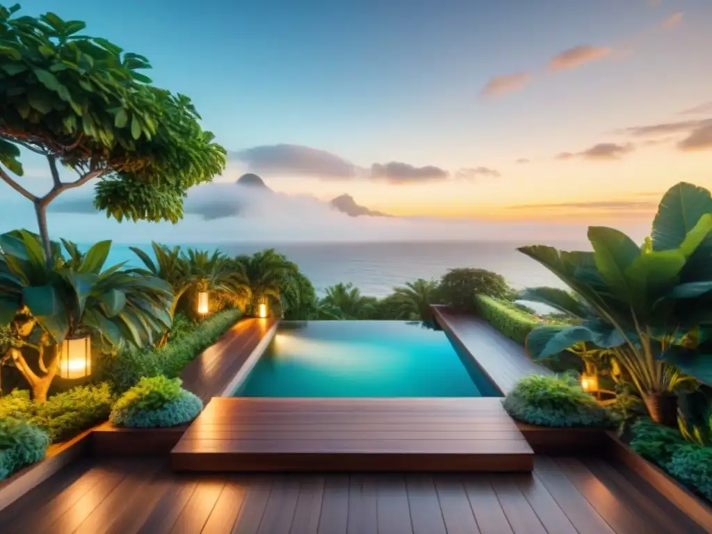 Jardín costero de ensueño con vista al mar Un oasis costero sereno con un deck de madera y plantas tropicales, ideal para transformar tu jardín en un paraíso
