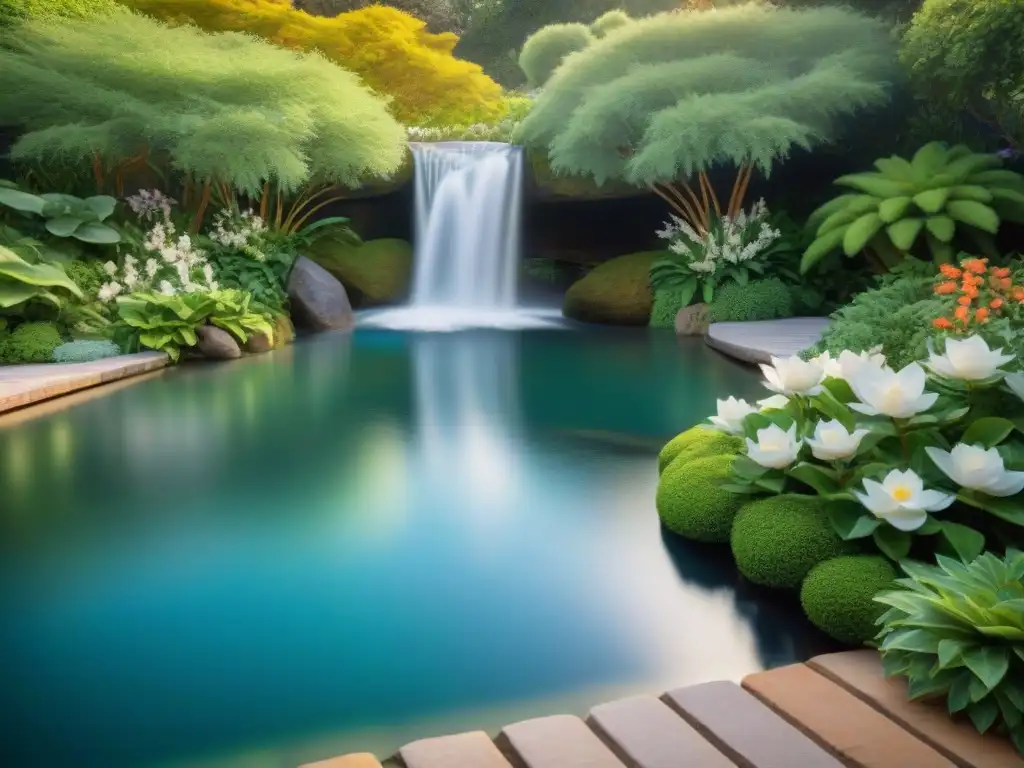 Jardín costero sereno: oasis de tranquilidad Un oasis costero transformado en jardín, con agua, cascada y exuberante vegetación, ideas para tu hogar