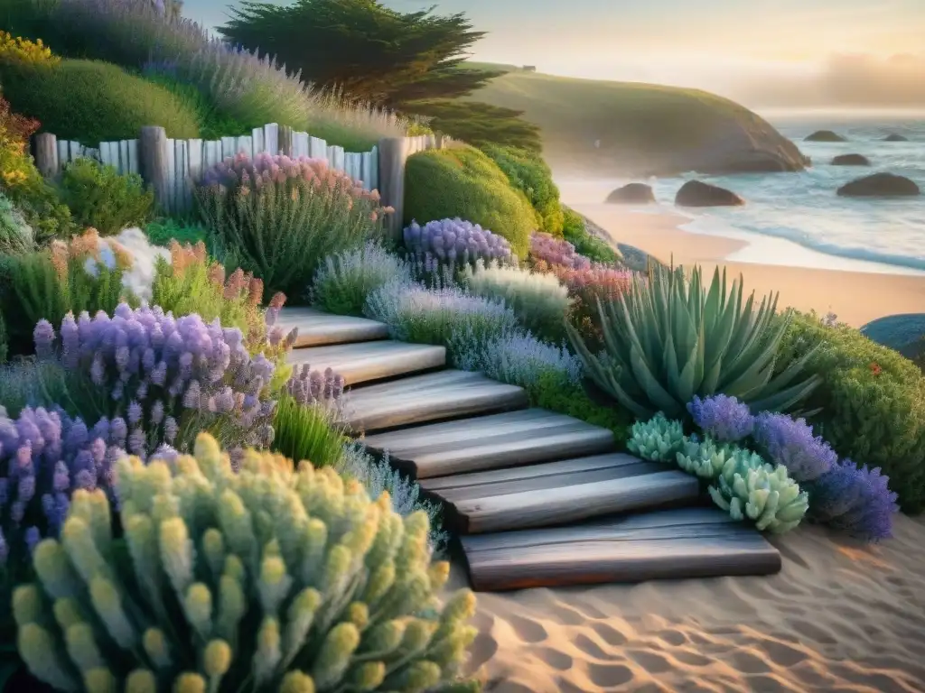 Jardín costero sereno con plantas vibrantes y vistas al mar Un oasis costero transformado en un jardín sereno con plantas vibrantes y barreras de madera, ideas para transformar tu espacio exterior