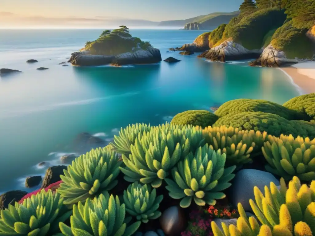 Belleza costera: diversidad vegetal en alta resolución Un oasis costero vibrante y diverso bajo el sol dorado, inspirando con la belleza de la vegetación costera