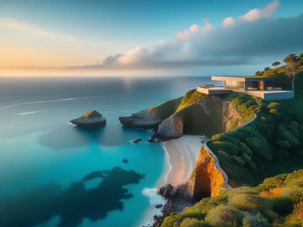 Residencia minimalista en acantilado: lujo frente al mar Un oasis de diseño moderno en la costa, con vistas al mar turquesa al atardecer