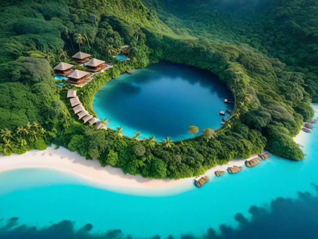 Paraíso ecológico: ecoresort sostenible entre bosques y aguas turquesas Un oasis ecológico entre selva y mar, con bungalows de techo de paja y paneles solares