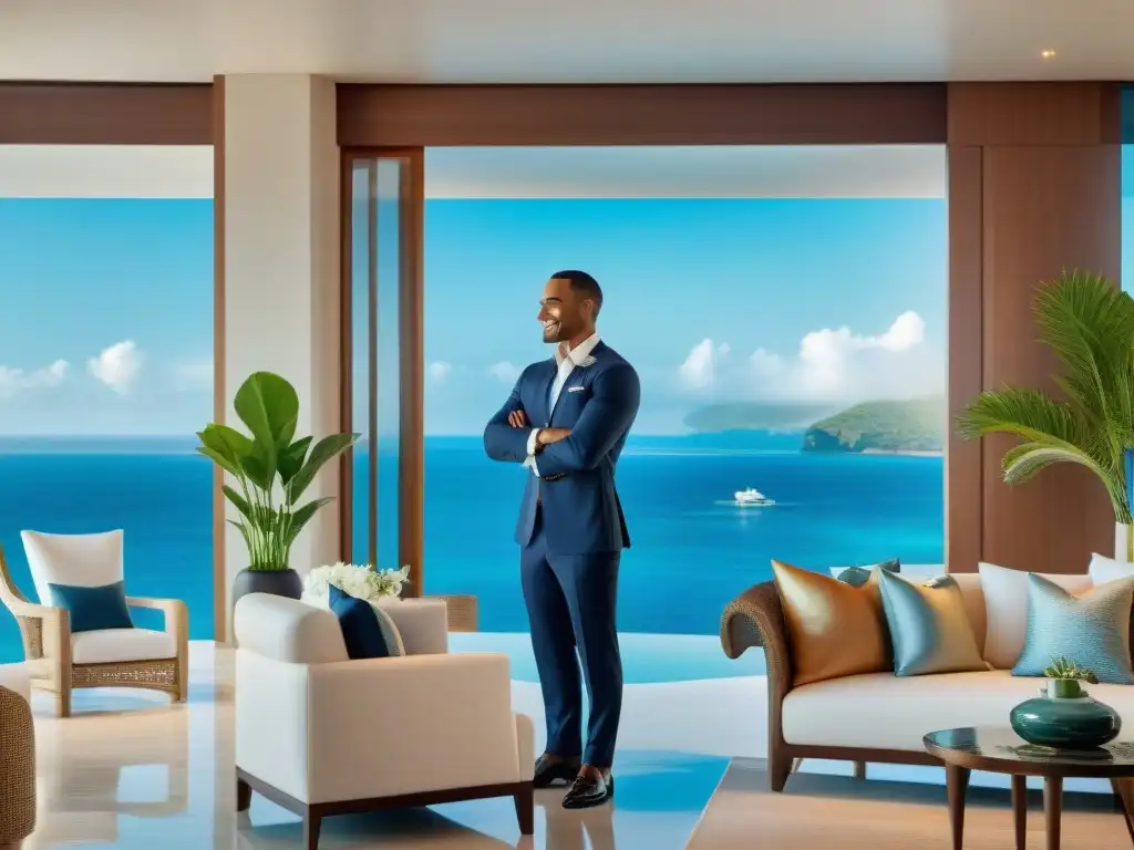 Concierge de lujo en propiedad costera: exclusividad y profesionalismo Un oasis de lujo costero con un concierge atento ofreciendo servicios exclusivos con profesionalismo y una cálida sonrisa
