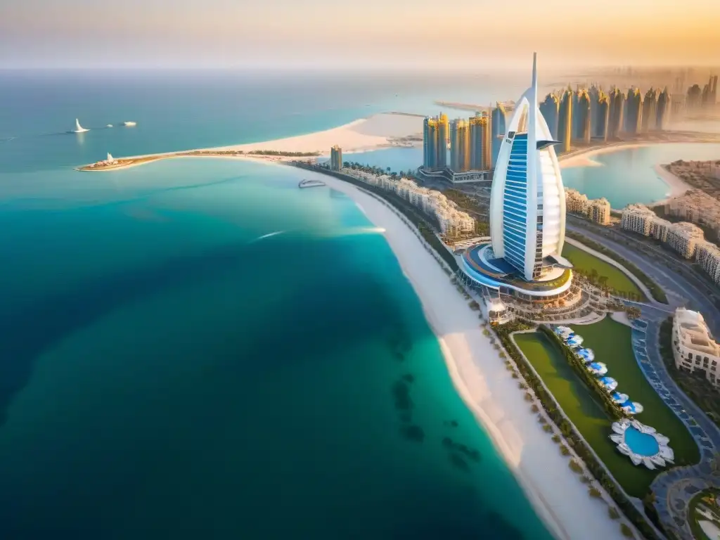 Burj Al Arab: Majestuosidad en Dubai Marina Un oasis de lujo: el majestuoso hotel Burj Al Arab en Dubai reflejado en el Golfo Árabe al atardecer