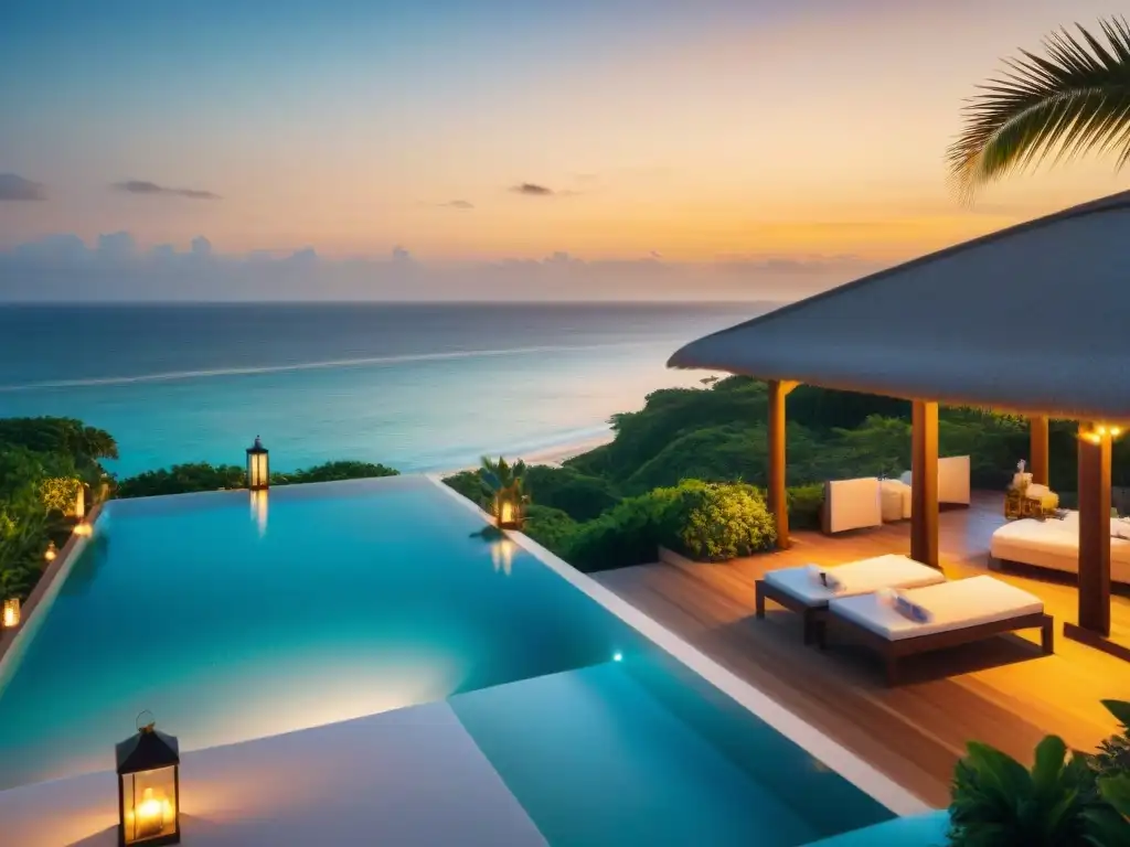 Propiedad de lujo con piscina infinita privada y vistas al mar en atardecer Un oasis de lujo frente al mar con piscina infinita privada y servicios de concierge