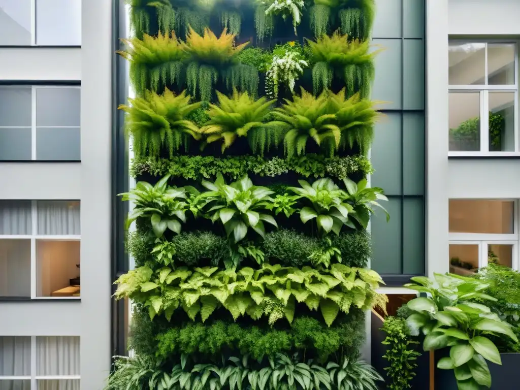 Jardín vertical urbano: oasis verde en fachada moderna Un oasis de plantas verdes en jardín vertical de casa urbana