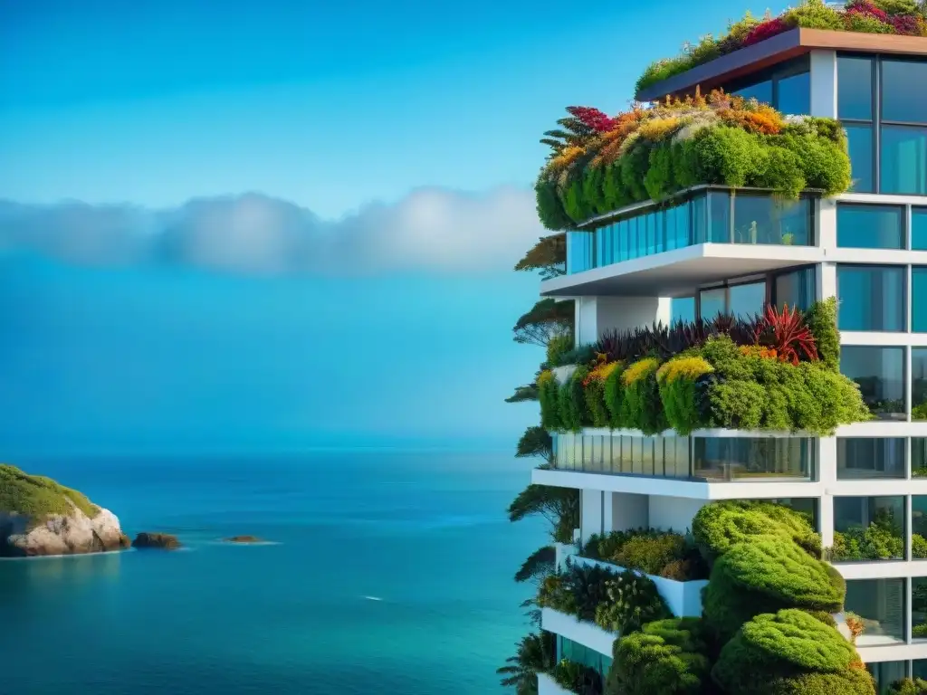 Jardín vertical exuberante en edificio costero moderno Un oasis vertical en construcción costera, jardines vivos se integran en la fachada moderna