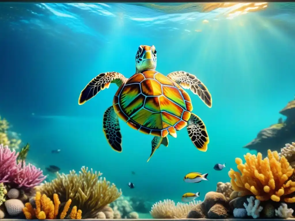 Mural cerámico submarino: peces coloridos y tortuga marina en acción Una obra de arte en azulejo pintado a mano con escena submarina vibrante