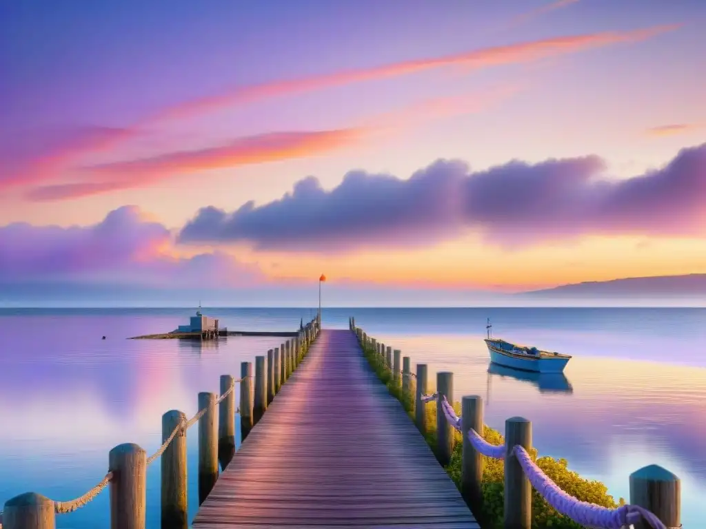 Atardecer sereno en muelle costero: tonos pastel y calma marina Obra de arte decoración costera: Atardecer sereno en la costa con muelle, redes de pesca y botes