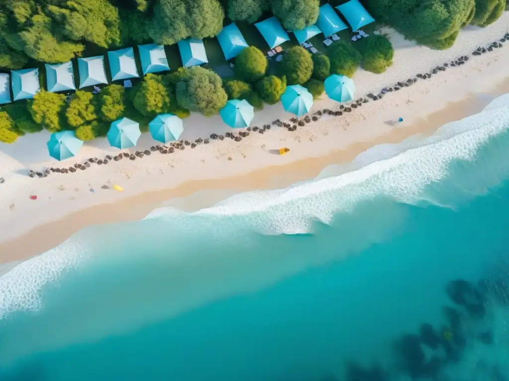 Paraíso costero: playa de arena blanca y aguas turquesa Obras de arte decoración costera: Vista aérea impresionante de playa paradisíaca, aguas cristalinas y sombrillas coloridas