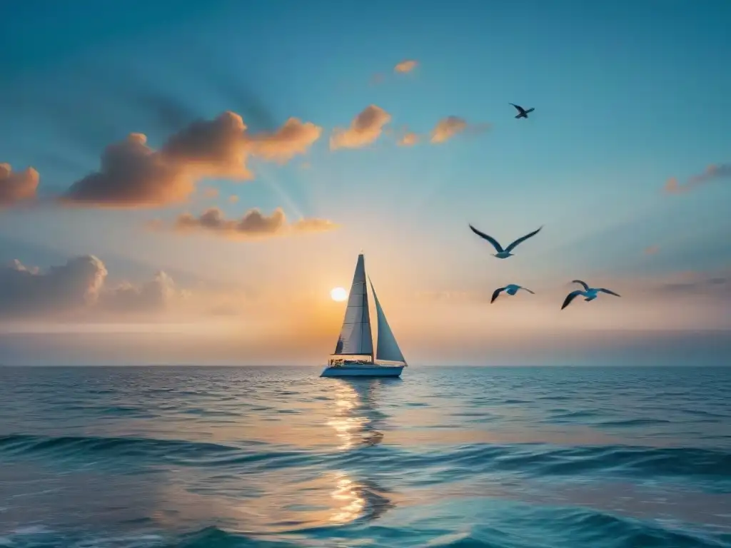 Paisaje marino al atardecer: Serenidad dorada en 8k Un océano sereno al atardecer con un velero en el horizonte, gaviotas y un cálido resplandor dorado