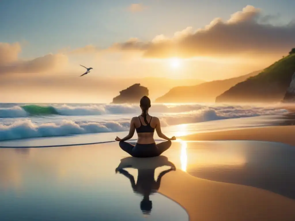 Playa serena al amanecer: yoga y bienestar junto al mar Person practicing yoga on a serene beach at sunrise, embodying the therapeutic benefits of saltwater for health