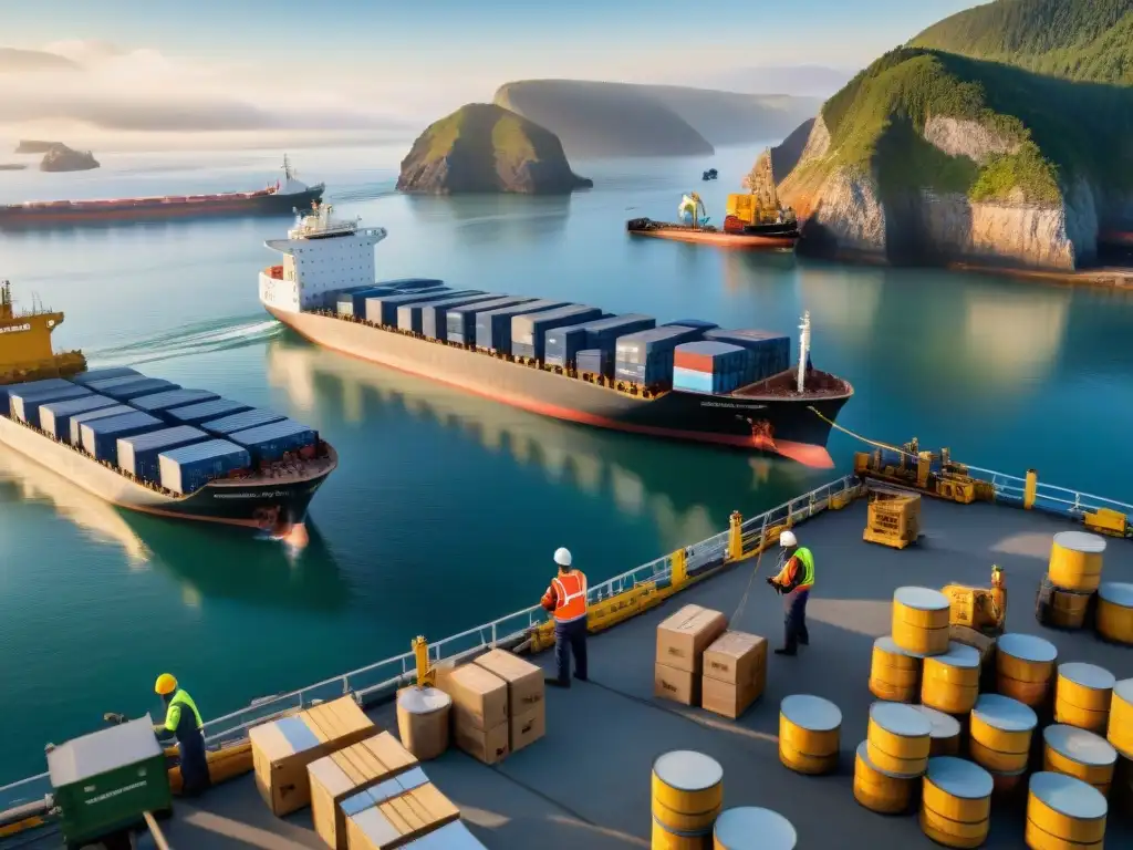 Operaciones logísticas en una costa remota al amanecer: trabajadores organizan suministros en el muelle mientras barcos descargan