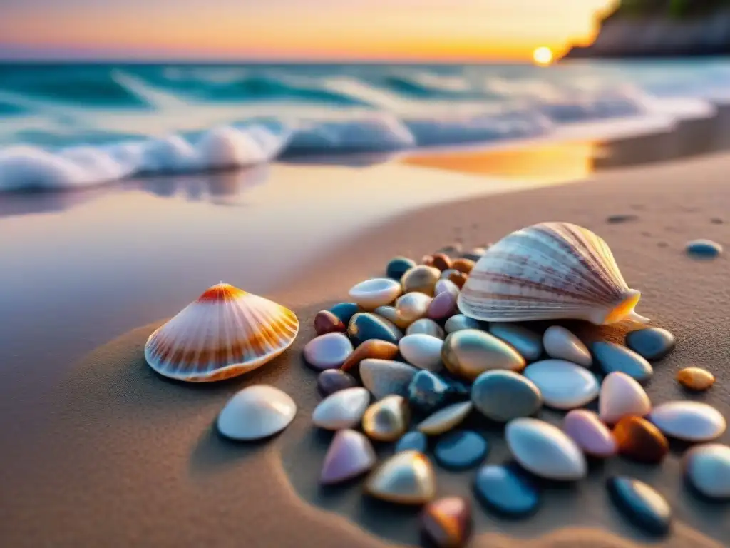 Paisaje costero al atardecer: serenidad y belleza Oportunidades en el mercado global de islas costeras: atardecer sereno en la playa con conchas y palmera al horizonte