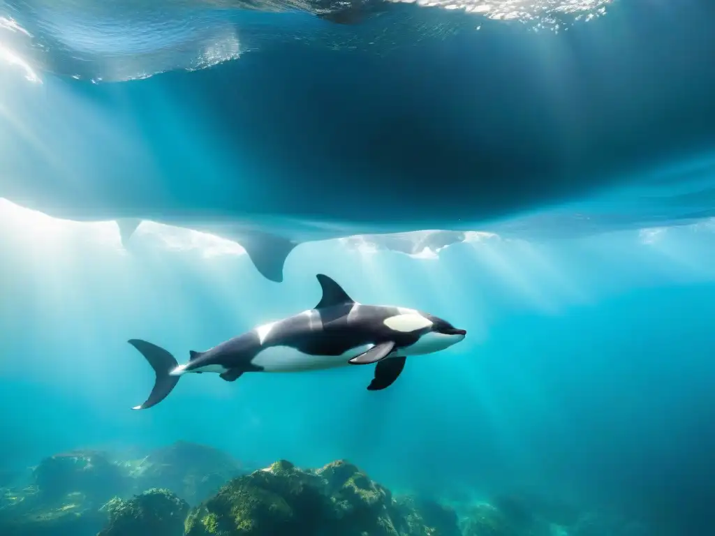 Manada de orcas majestuosas nadando en aguas turquesas Pod de orcas majestuosas nadando en aguas turquesas con paisaje costero