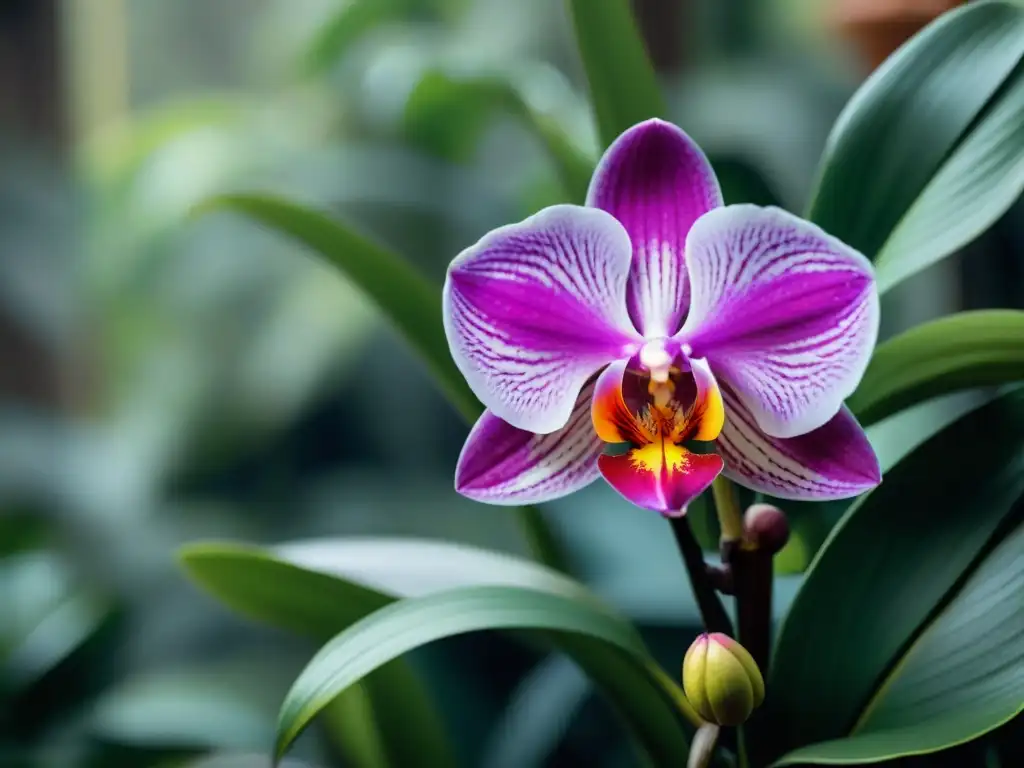 Orquídea vibrante en EcoResort sostenible Una orquídea vibrante florece en un EcoResort costero sostenible, mostrando la armonía entre naturaleza y sostenibilidad