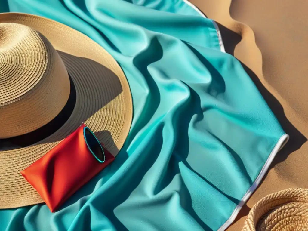 Outfit de playa: moda y protección solar en detalle Outfit de protección solar en la playa: sombrero, gafas de sol, pareo y protector solar sobre una toalla en la arena