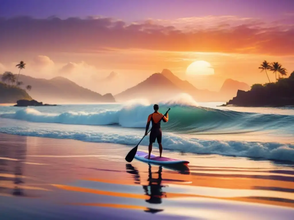 Paddle surf al atardecer: serenidad en la costa Un paddle surfer surca una ola al atardecer en uno de los mejores lugares paddle surf costeros, bajo un cielo vibrante